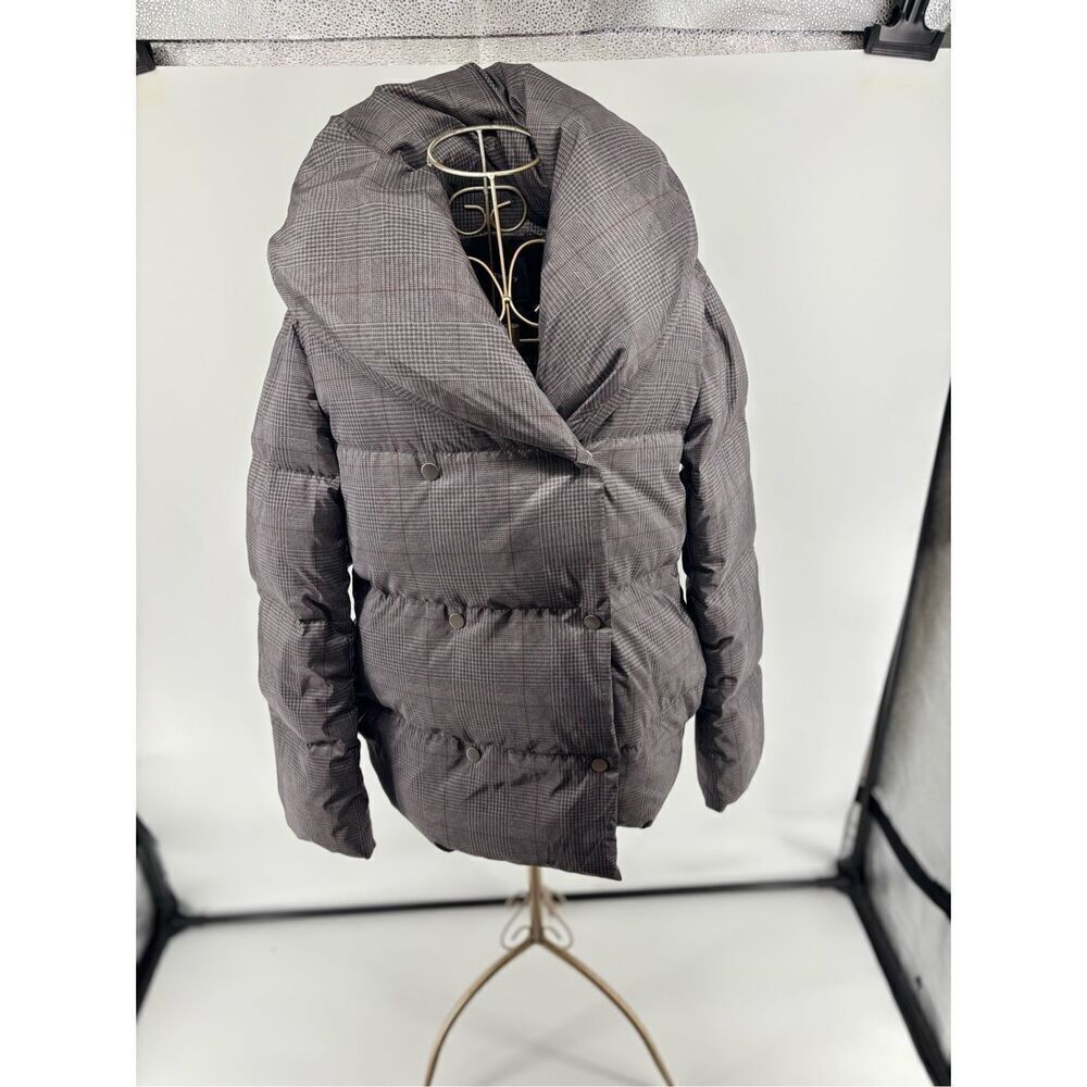 Theory Grey Glen Plaid Shawl Collar Puffer Jacket Size P